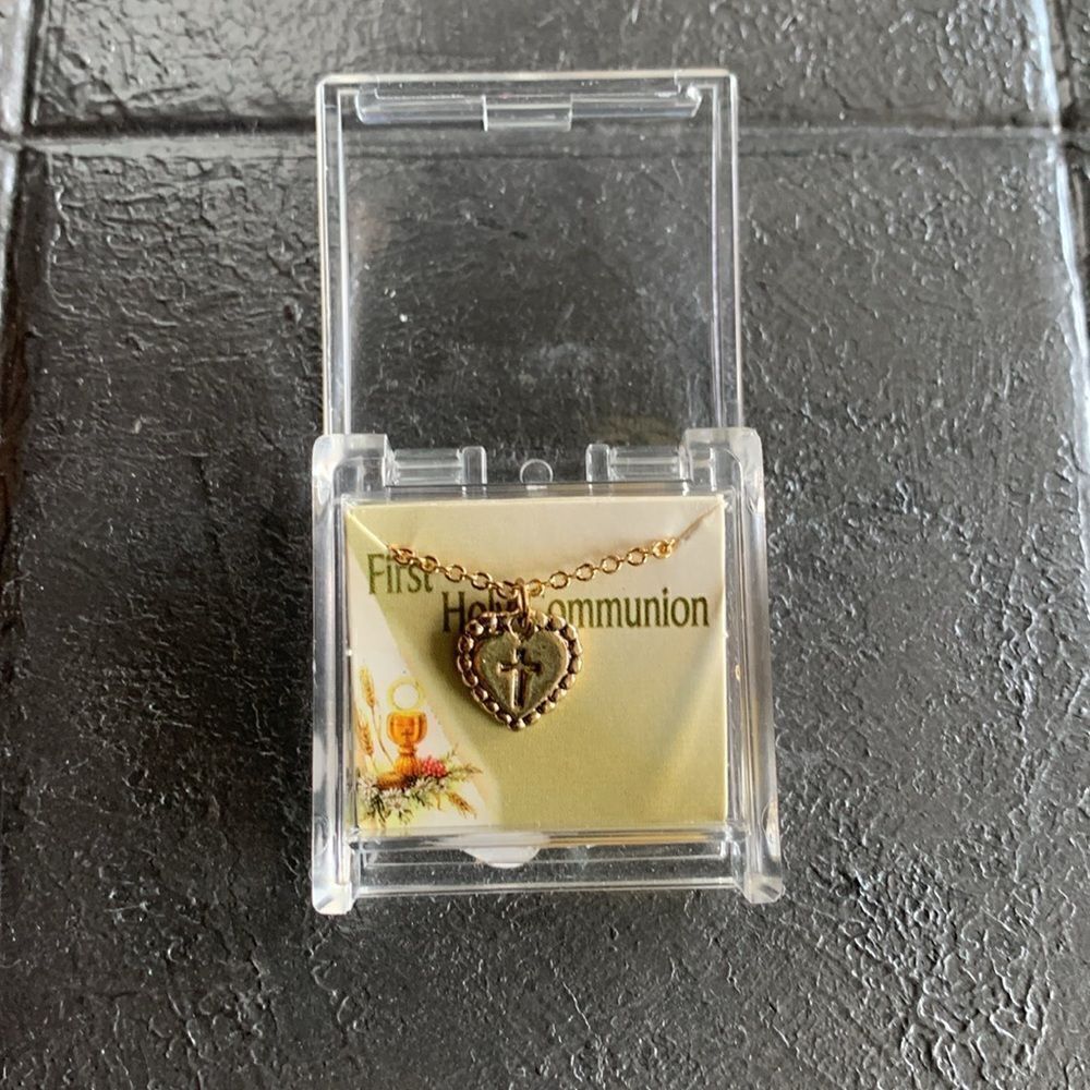 Vintage First Holy Communion Cross Necklace, in Gold tone, Unmarked, in BOX